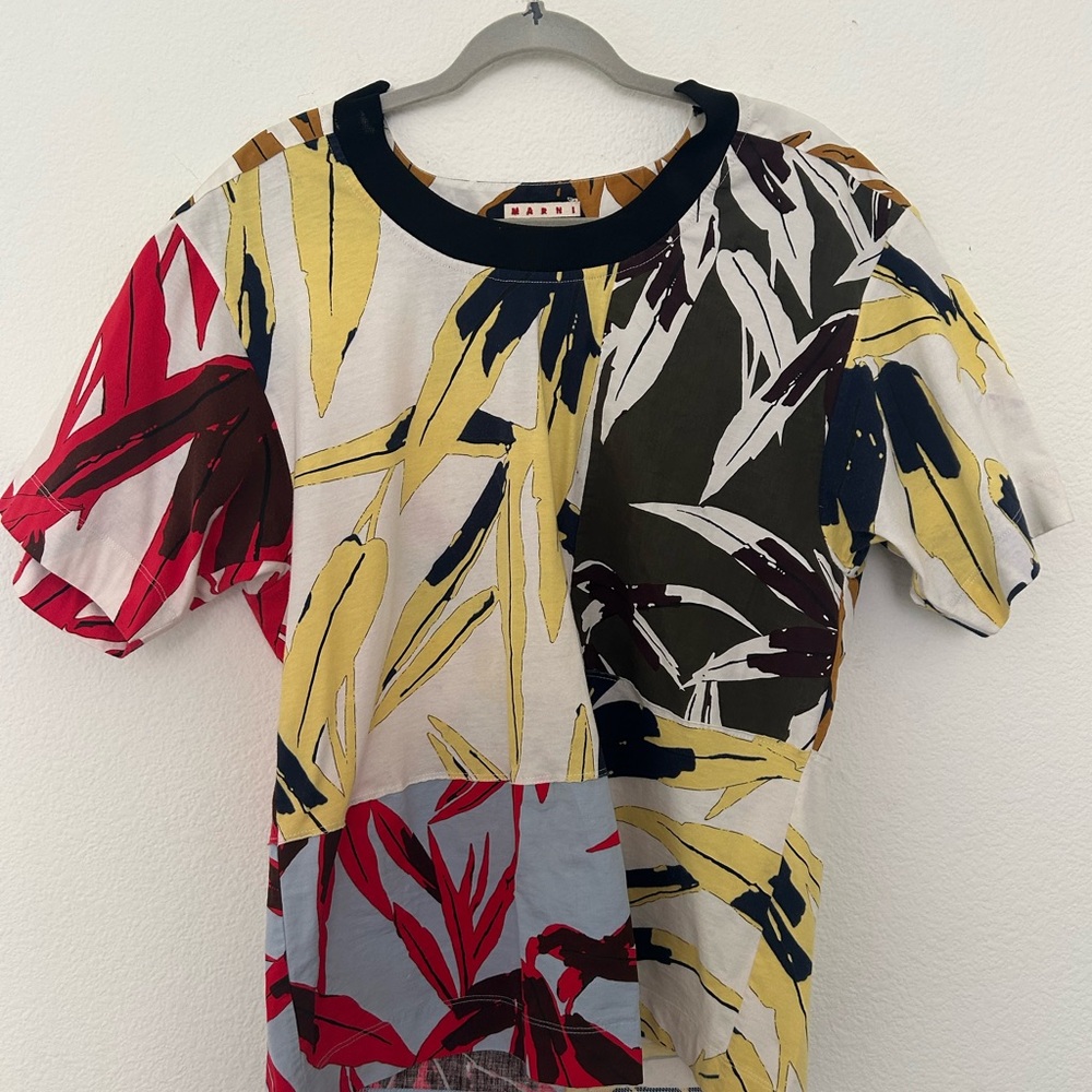 Marni Multicolor Patchwork Leaf Print Short Sleeve Tee